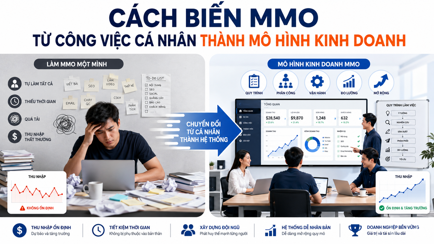 Cách biến MMO từ công việc cá nhân thành mô hình kinh doanh bền vững